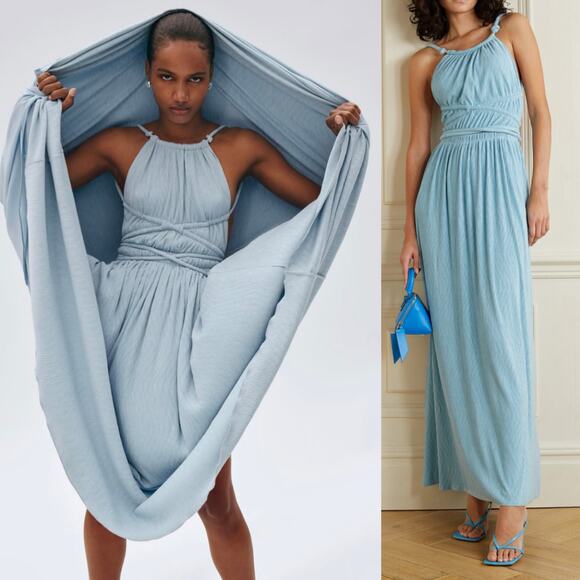 Jonathan Simkhai Lillee Plisse Horizon Sky Blue Open Back Maxi Dress Gown XS NWT - Picture 1 of 13